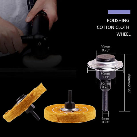 Slick Finish 8 Piece Buffing Wheel And Polishing Compound Set With Quarter Inch Drill Adapter, cotton cloth polishing wheel and adapter.