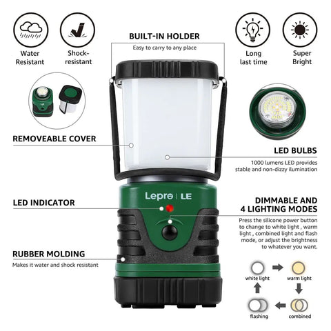 Bright 1000 Lumen Rechargeable Go To Camping Lantern With 4400mAh Power Bank Green LED Tent Light Four Modes Waterproof Outdoor Lantern For Hiking Emergencies USB Cable Included Easy Hang Hook showing features