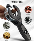 Hand holding Ratcheting Pipe Cutter Tool Kit 12 Piece Set for Copper and PVC Tubing Heavy Duty Close Quarters Cutter showing versatility