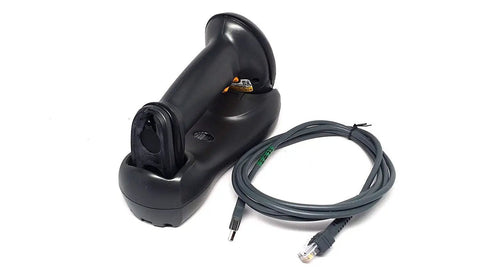 Cordless Bluetooth Laser Barcode Scanner with cradle and USB cord, refurbished certified for fast scan and retail inventory