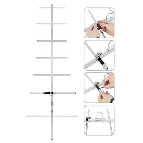 7 Element UHF Yagi Antenna with 11dBi Gain for 400 to 470MHz, adjustable parts, SL16 UHF female connector, weatherproof system