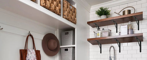 Wall-mounted wooden shelves with 12 Pack Heavy Duty L Shaped Shelf Brackets 12 Inch Long Black With Screws For 12 To 16 Inch Deep Shelves Maximum 240 Lb Per Pair Rust Resistant Matte Black Finish Ideal For Floating Shelves DIY Home Office supporting decor items in a modern kitchen
