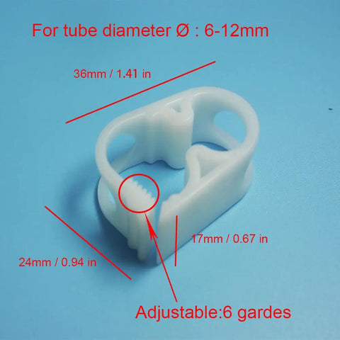 Adjustable Tube Clamps Set 0.236 To 0.472 Inch Diameter Tubing For Laboratory Flow Control Pinch Valve Hose Clamp Pack Of 5 White POM Plastic For Easy Precise Liquid Flow with dimensions labeled