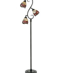 Three Light Floor Lamp With Hand Rolled Art Glass Shade In Dark Bronze Finish, Fall River Collection Vintage Colonial Vibe, 3 Bulbs