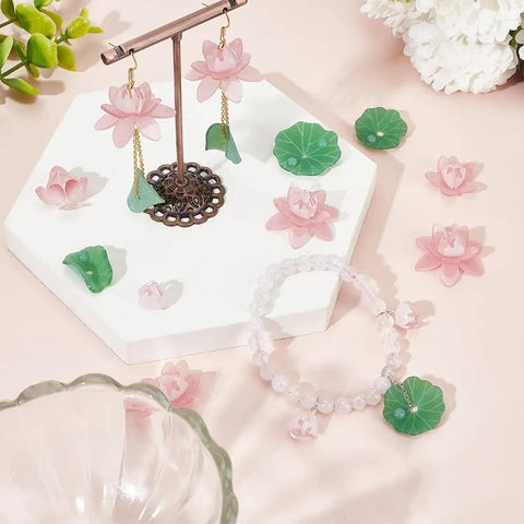 Dope Lotus Acrylic Beads Set, 24 Pieces In 7 Styles, 10-30mm Mini Flower And Leaf Beads For Bracelets And Necklaces