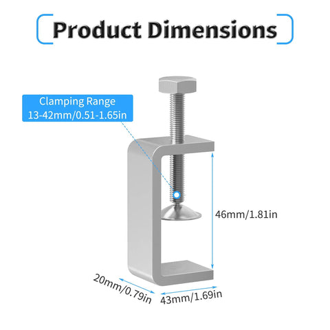 Product Dimensions for Beefy Heavy Duty 46mm C Clamp For Small To Medium Projects, 13-42mm Clamping Range, M8 Screw Thread, Stainless Steel 304 Construction, Compact 46mm Height, Durable Pro Grade Screw Clamp For DIY, Metalworking, And Fabrication