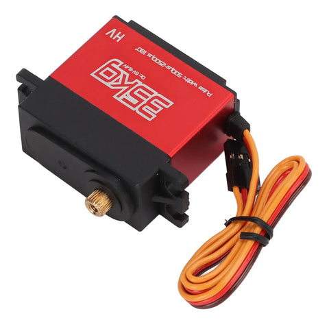 Badass High Torque Coreless Motor Servo Crafted From Tough Aluminum Alloy Housing With Precision Potentiometer And High Resolution Digital Control Chip For Hella Rad Radio Control Steering, red and black design with wire connector.