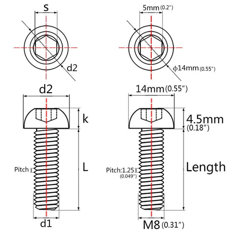 Premium M8 X 35Mm Titanium Hex Socket Button Head Bolts Green Anodized Grade Five Alloy Fasteners technical drawing dimensions
