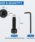 100 Pack Industrial Grade Rugged M4 X 14mm Full Thread Hex Socket Head Cap Screws And Bolts with hex wrench showing sizes