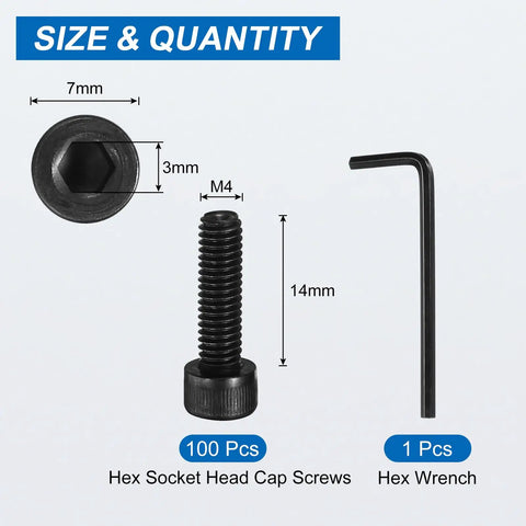 100 Pack Industrial Grade Rugged M4 X 14mm Full Thread Hex Socket Head Cap Screws And Bolts with hex wrench showing sizes
