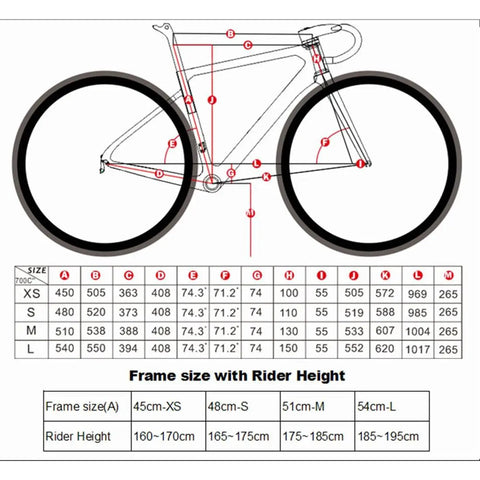 Sizing chart for Carbon Road Bike Frameset 700C With Internal Routing And Fork Ultra Light C Brake Frame in XS to L sizes.
