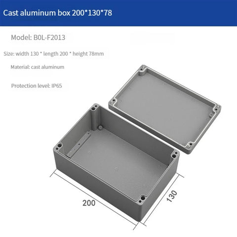 Cast aluminum IP66 junction box, 200x130x78 mm, angled front view with lid removed.