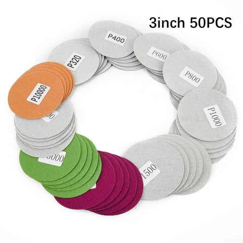 Grab This Awesome 50 Pc Set Of 3 Inch Wet Dry Sanding Discs With Latex Flocking For Perfect Polish And Grind Jobs Ranging From Grit 320 To A Smooth 10K Finish On Your Tools - 50 pcs of various grit sanding discs.