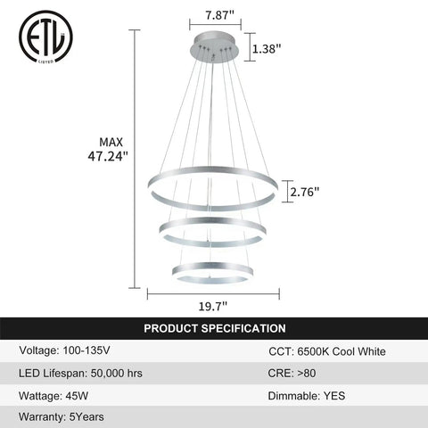 Dimmable 3 Ring LED Chandelier Pendant Light With Height Adjustable Dope Modern Silver Finish, ETL Certified Flush Mount Acrylic Ceiling Fixture For Dining Room Living Room Bedroom Foyer, 6000K Daylight product specifications
