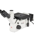 AE2000 Trinocular Inverted Metallurgical Microscope Workhorse With 50W Halogen Light, Siedentopf 45 Degree Head, 360 Degree Swivel, Widefield N-WF 10X Eyepieces, 100 0 20 80 Light Split, Mechanical Stage, External Lamp House, angled view