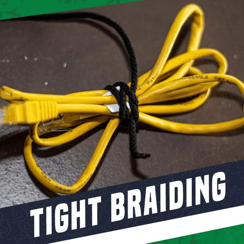 Unglazed Cotton Tie Line With Polyester Core For Theatrical Props, Decor And Hunting tied around yellow cables.
