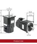 Front and side views of a black NEMA23 stepper motor with a dimension diagram showing shaft and mounting holes.