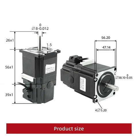 NEMA23 stepper motor front and side views showing shaft, mounting holes, and dimensions