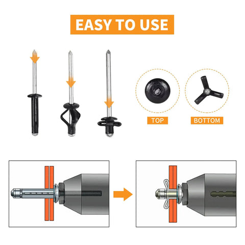 Tri Fold Aluminum Rivets Kit, 60 Pcs Black Exploding Pop Rivets with Bulb Style Tri Grip Heads diagram and usage instructions.