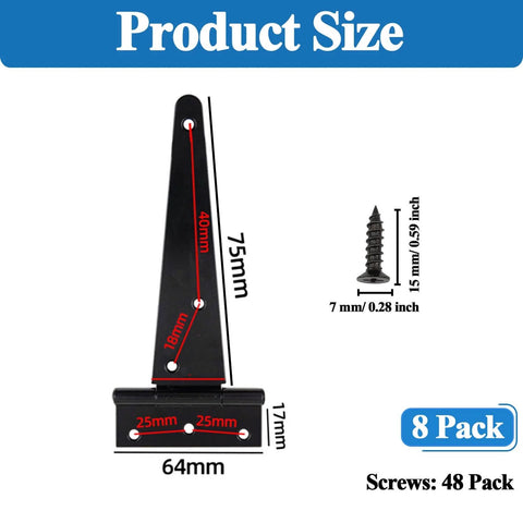Product size diagram showing 3 Inch Barn Door Hinges 8 Pack Black T Hinges 6Hole 270 Open Angle Weatherproof Outdoor