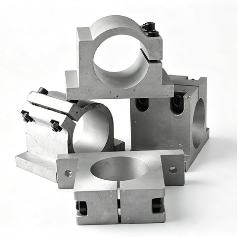 Beefy Aluminum CNC Spindle Mount Bracket With Slick Quick Swap Universal 65Mm Or 80Mm Dual Bore Interface For Router Clamps stacked at various angles.