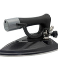 Heavy Duty Commercial Steam Iron Featuring Badass High Pressure Performance For Smooth Garment Pressing Factory Dry Cleaning And Bulletproof Temperature Control close-up angle showing handle and base.