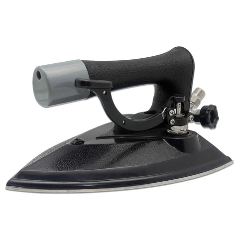 Heavy Duty Commercial Steam Iron Featuring Badass High Pressure Performance For Smooth Garment Pressing Factory Dry Cleaning And Bulletproof Temperature Control close-up angle showing handle and base.