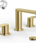 Top Shelf Brushed Gold 3 Hole 8 Inch Widespread Bathroom Sink Faucet Built Dang Solid For Zero Leak Reliability And Flows Smooth As Butter Straight Out The Box shown with spout and handles.