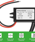 10-32V DC To 5V USB Buck Converter Module with wires, labeled 5V 3A output, protection features listed below
