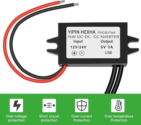 10-32V DC To 5V USB Buck Converter Module with wires, labeled 5V 3A output, protection features listed below