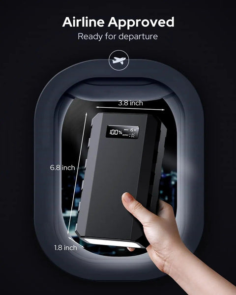 Hand holding Portable Laptop Battery Bank With 110V 65W AC Outlet For On The Go Power And Emergency Backup, 88.8Wh, through airplane window.