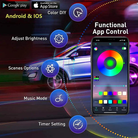 Functional app controls for Lit Underglow Car Lights Kit With 16 Million RGB Colors And 29 Modes, shown on smartphone display.