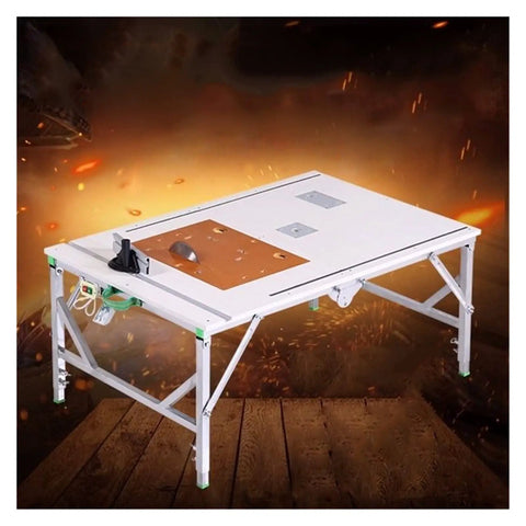 Built Tough Foldable Woodworking Workbench With Thick Plywood Surface And Rust Proof Steel Frame Compact Saw Station For Weekend Warriors and Master Carpenters, showcasing a sturdy setup with a cutting saw.