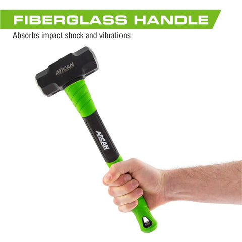 Person holding 4 Lb Engineering Hammer With 16 Inch Fiberglass Handle Drop Forged Heads Non Slip Rubber Grip Bright Green For Visibility