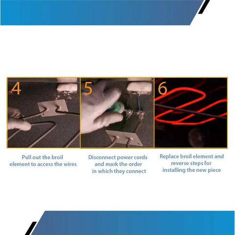 Installation steps for 3000W Broil Element Replacement for GE Ovens With Easy Install Kit, includes wire and element connection.