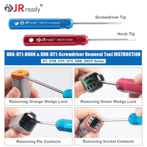 Pro Grade Deutsch Pin Extractor Tool Kit For DT DTM DTP Connectors, 13 Piece Terminal Removal Set in use, screwdriver and hook tips shown.