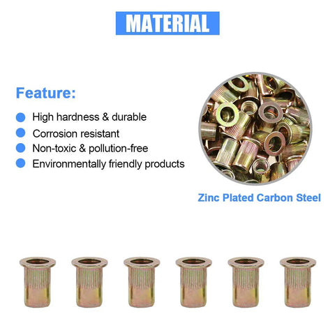 Flat Head Rivet Nut Kit With 320 Pieces In Seven Sizes Zinc Plated Carbon Steel Rivet Nuts For Automotive Marine And DIY Projects high hardness