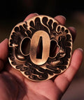 Antique copper tsuba with dragon motif from Dope Antique Copper Samurai Tsuba Fuchi Kashira Menuki Set With Dragon Phoenix Buddha Demon Floral Motif For Universal Katana Tachi Wakizashi Fit And Yin Yang Mythology Balance