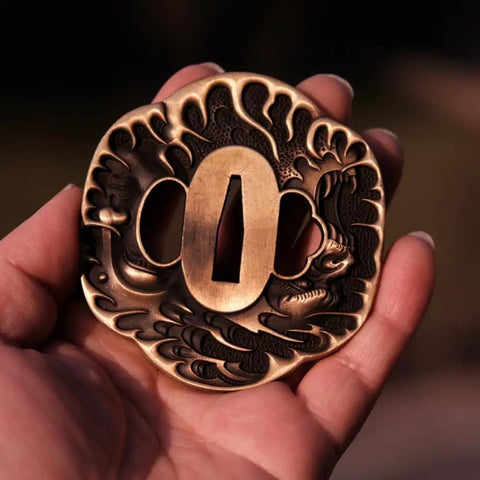 Antique copper tsuba with dragon motif from Dope Antique Copper Samurai Tsuba Fuchi Kashira Menuki Set With Dragon Phoenix Buddha Demon Floral Motif For Universal Katana Tachi Wakizashi Fit And Yin Yang Mythology Balance