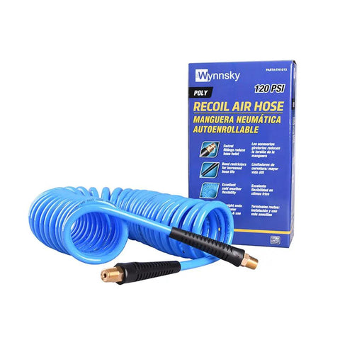 Heavy Duty Polyurethane Coiled Air Compressor Hose 25 Foot Kink Free Flex Rig Sweet For Tight Garage Corners with brass ends.