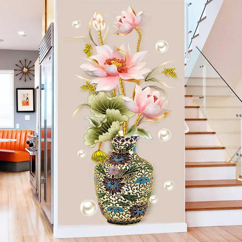 Chinese Style Lotus Flower Vase Wall Sticker With Pearl Accents Peel And Stick Decor For Living Room And Entryway Two Sheets Per Roll Finish Size About 32.2 Inches By 50 Inches Elegant Backdrop Art For Home on wall near stairs