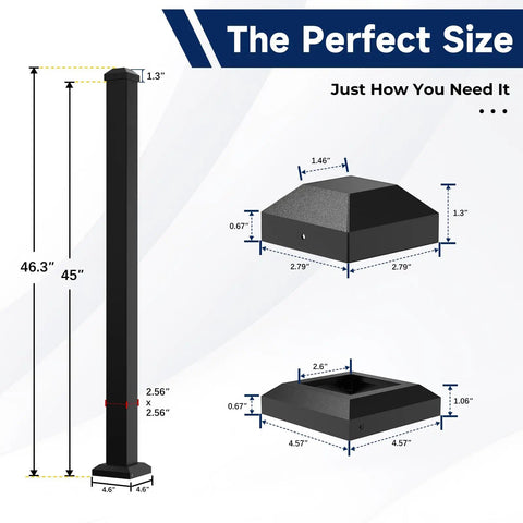 Aluminum Deck Railing Post With Screws, Weatherproof Black Textured AAMA 2604 Powder Coat Finish, 2.56 Inch By 2.56 Inch By 45 Inch Stair Post for Porches and Balconies; image showing dimensions and post base measurements