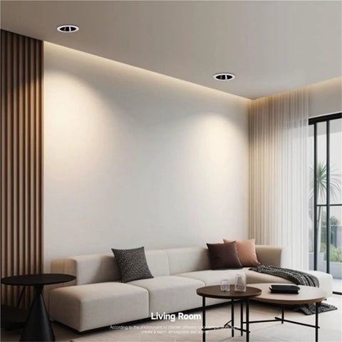 Living room featuring 12 Pack Recessed Downlights With 7W Or 12W Choices 3CCT Dimmable 3000K To 6000K Narrow Edge Anti Glare Baffle Trim.