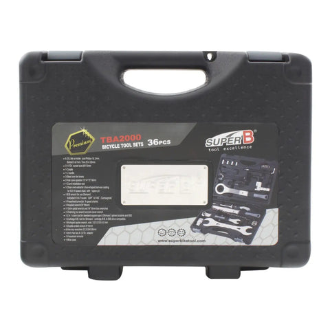 Road Ready 36-Piece Bicycle Tool Kit For Travel And Race Day, shown in a durable black carrying case with toolset image