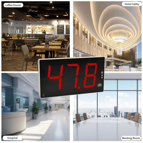 Wall Mounted Sound Level Meter 30 To 130 dB With Alarm Digital Decibel Meter 1.5 dB Accuracy A Weighting For Factory Office And Home Noise Monitoring Type C USB Powered Or Battery Powered Easy Install And Real Time Monitoring in hotel lobby
