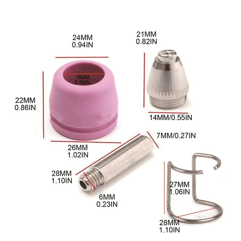 Replacement TIG Torch Consumables Kit With Electrodes, Nozzles, Shielding Cups And Guide Rings For Welding And Cutting dimensions