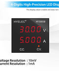 30V 5A Adjustable DC Bench Power Supply With 4 Digit LED Display close-up showing voltage and current output levels.