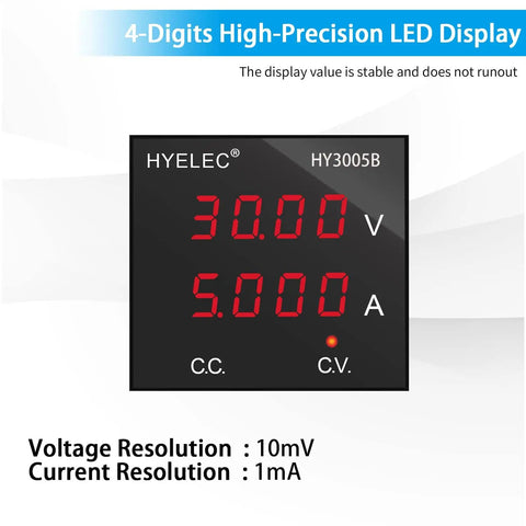 30V 5A Adjustable DC Bench Power Supply With 4 Digit LED Display close-up showing voltage and current output levels.