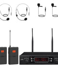 Dual UHF Wireless Lavalier Microphone System With Auto Scan, 200 Channel Tuning, receiver, two transmitters, lavalier and headset mics