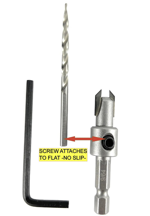 Badass Three Piece Number Six Tapered Drill Bits with hex key and drill bit components, 9/64 inch size for woodworking.